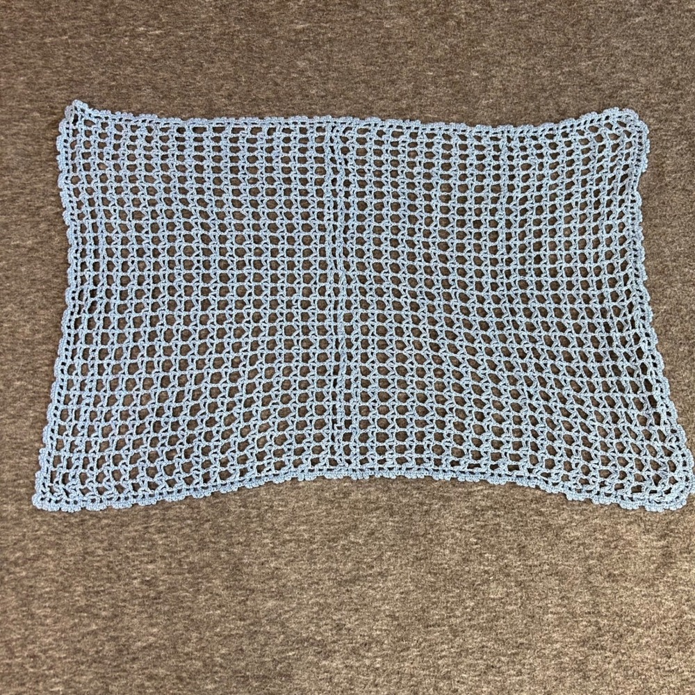 Vintage Handmade Blue Crochet Table Runner Scarf Scalloped Mesh Lace 23x15
